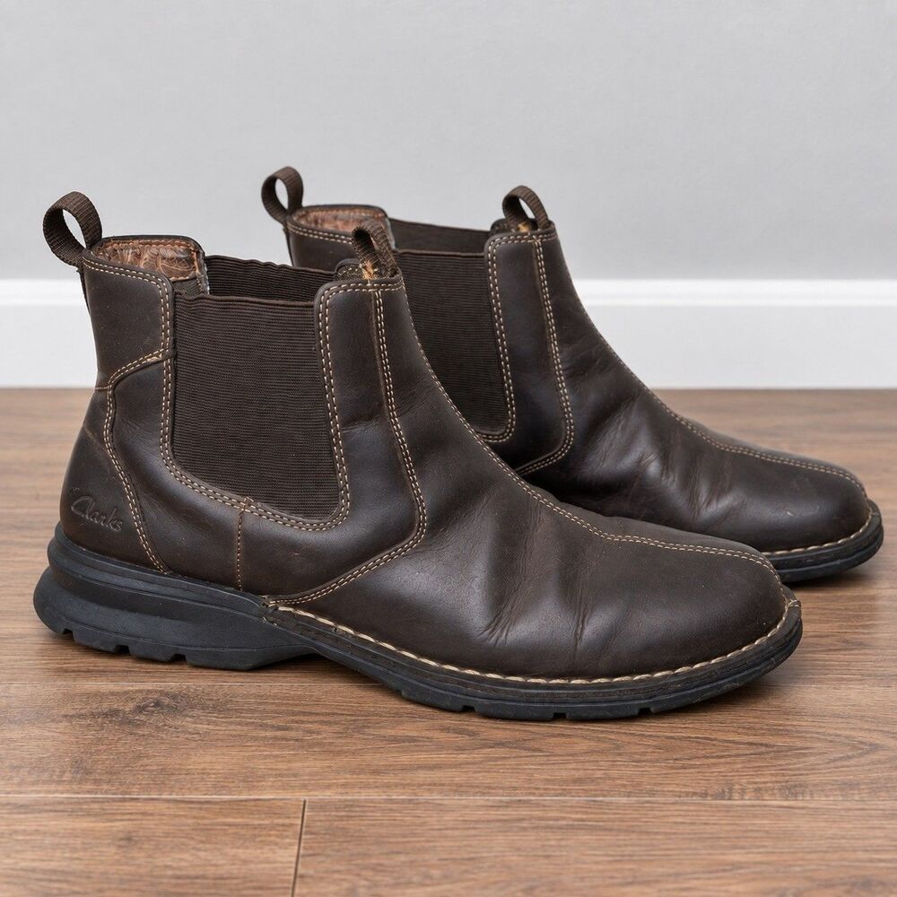 Clarks Brown Leather Chelsea Boots Ankle Slip On Square Toe Chunky Sole Men’s 11
